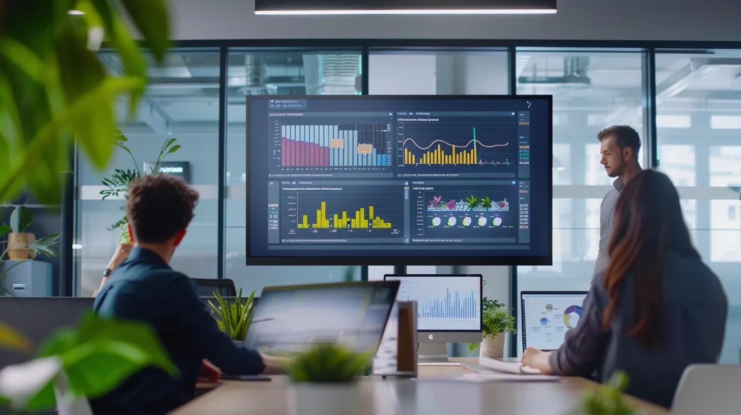 a modern office space showcases a large digital screen displaying a dynamic dashboard of a complex website, emphasizing webflow’s capabilities with vibrant graphics and user inquiries prominently featured.