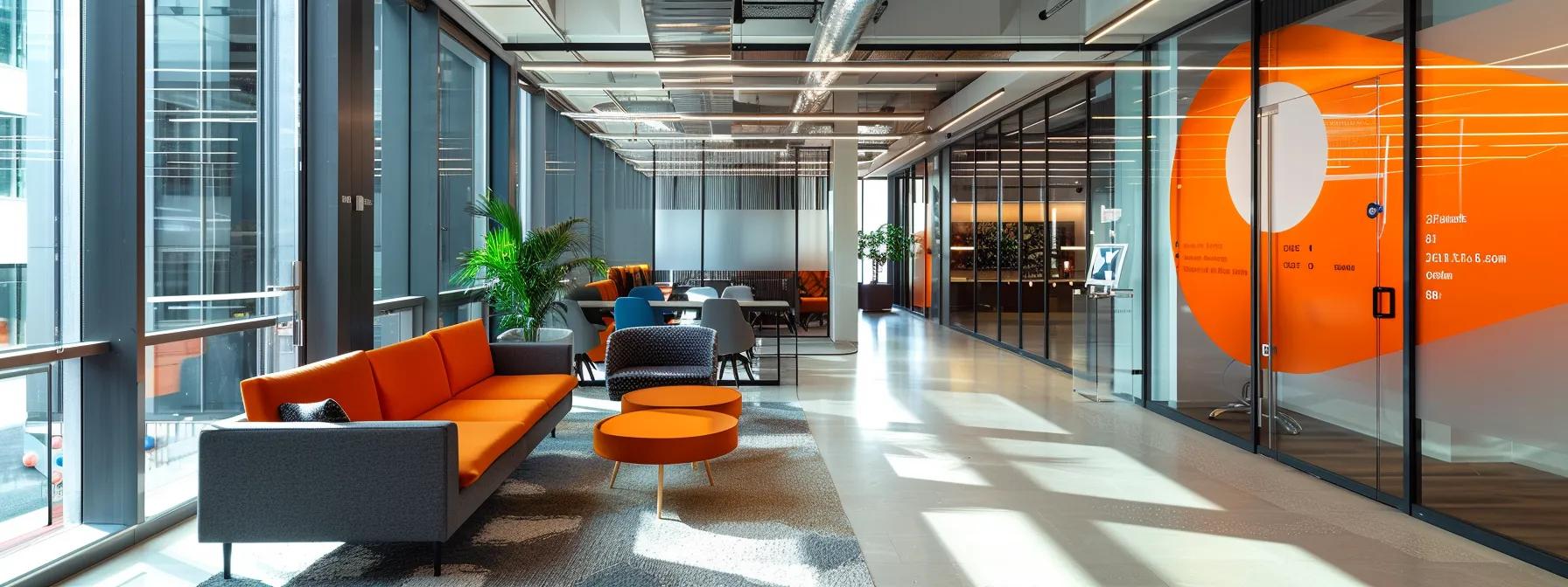 a modern office space featuring bold, branded wall graphics and stylish furniture, designed to reflect the company's identity while creating an inspiring atmosphere for employees and visitors alike. a modern office space featuring bold, branded wall graphics and stylish furniture, designed to reflect the company's identity while creating an inspiring atmosphere for employees and visitors alike.