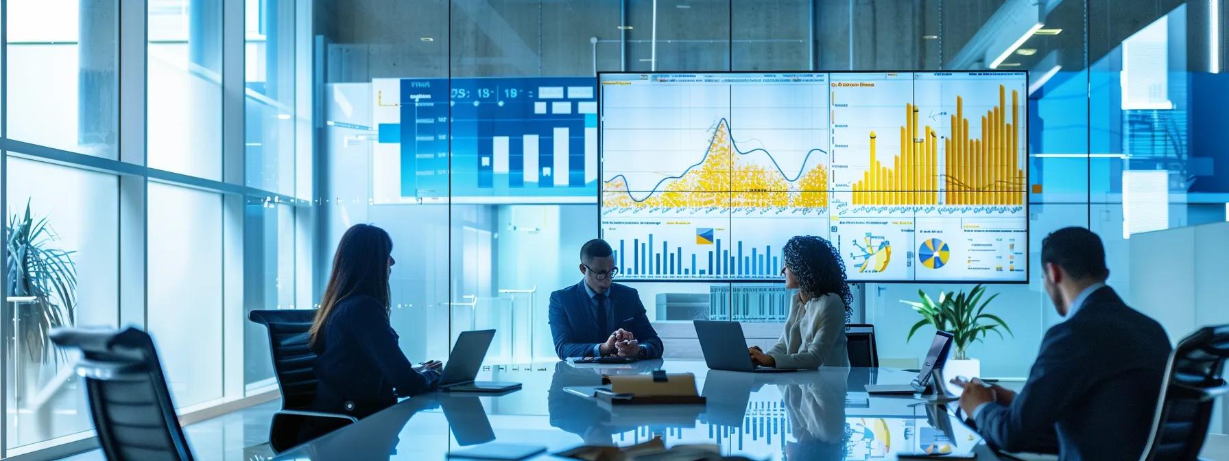 a modern office space features a large digital screen displaying a dynamic comparison chart of various prototyping processes, with diverse professionals engaged in a collaborative discussion around a sleek, minimalistic conference table.