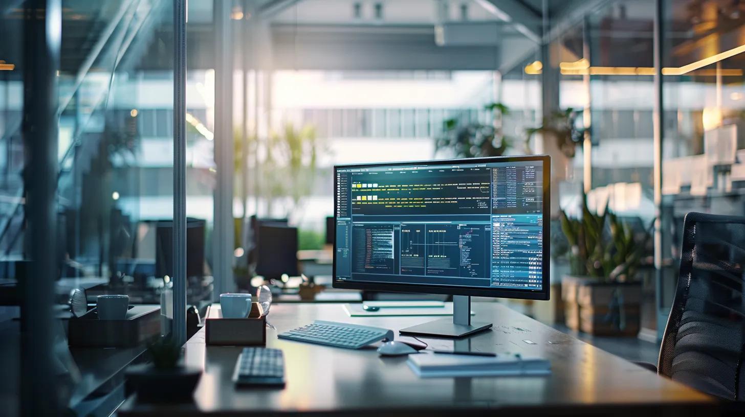 a modern office space features an optimised workstation displaying a sleek computer screen with vibrant product pages, intuitive navigation tools, and dynamic data visuals, all bathed in bright, artificial light to emphasise a professional, high-tech atmosphere. a modern office space features an optimised workstation displaying a sleek computer screen with vibrant product pages, intuitive navigation tools, and dynamic data visuals, all bathed in bright, artificial light to emphasise a professional, high-tech atmosphere.