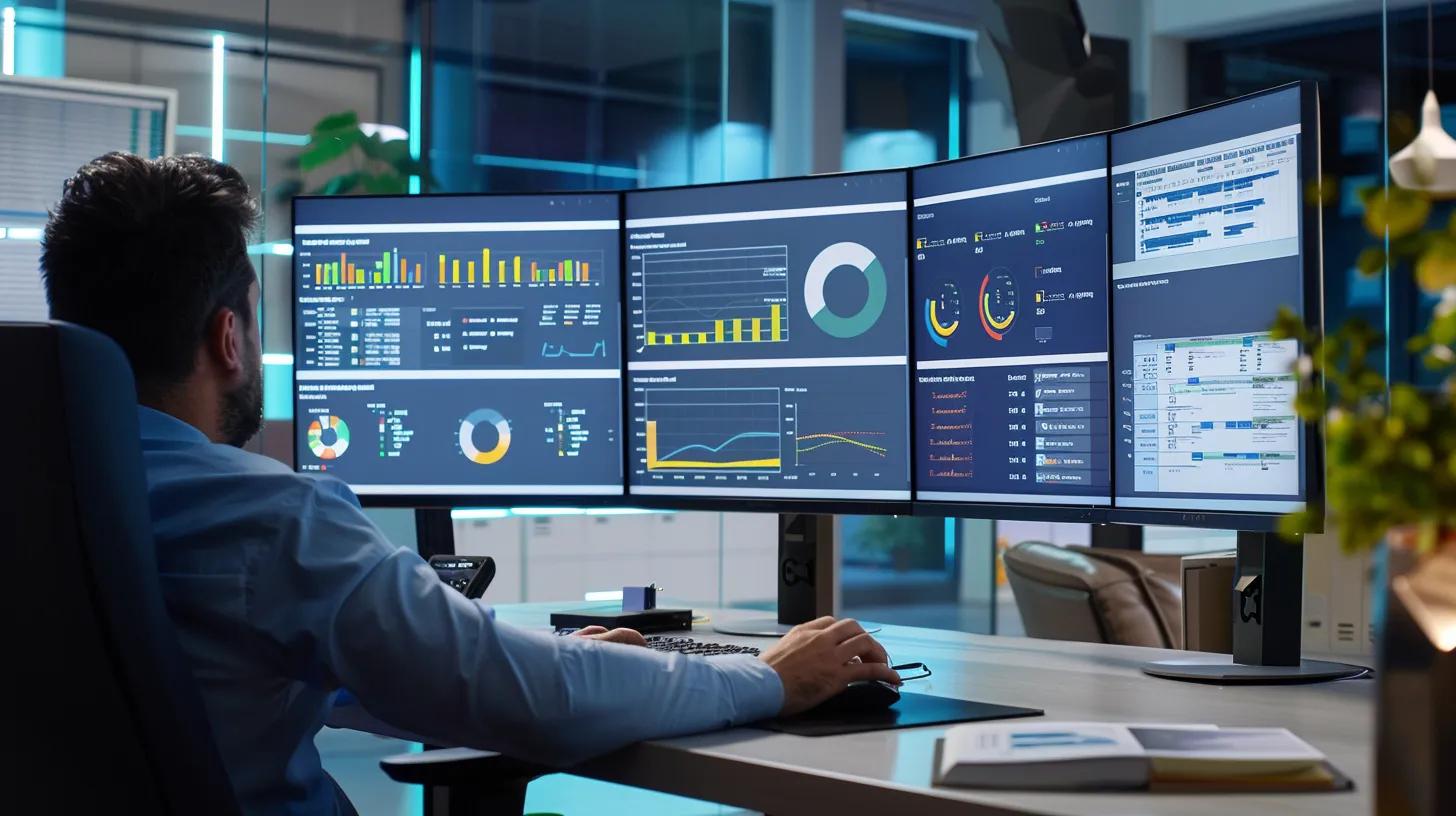 a modern office workspace features a sleek desk with multiple computer screens displaying complex accounting software, while a focused professional analyzes data on tax compliance with highlighted graphs representing provincial sales tax and federal gst/hst interactions.