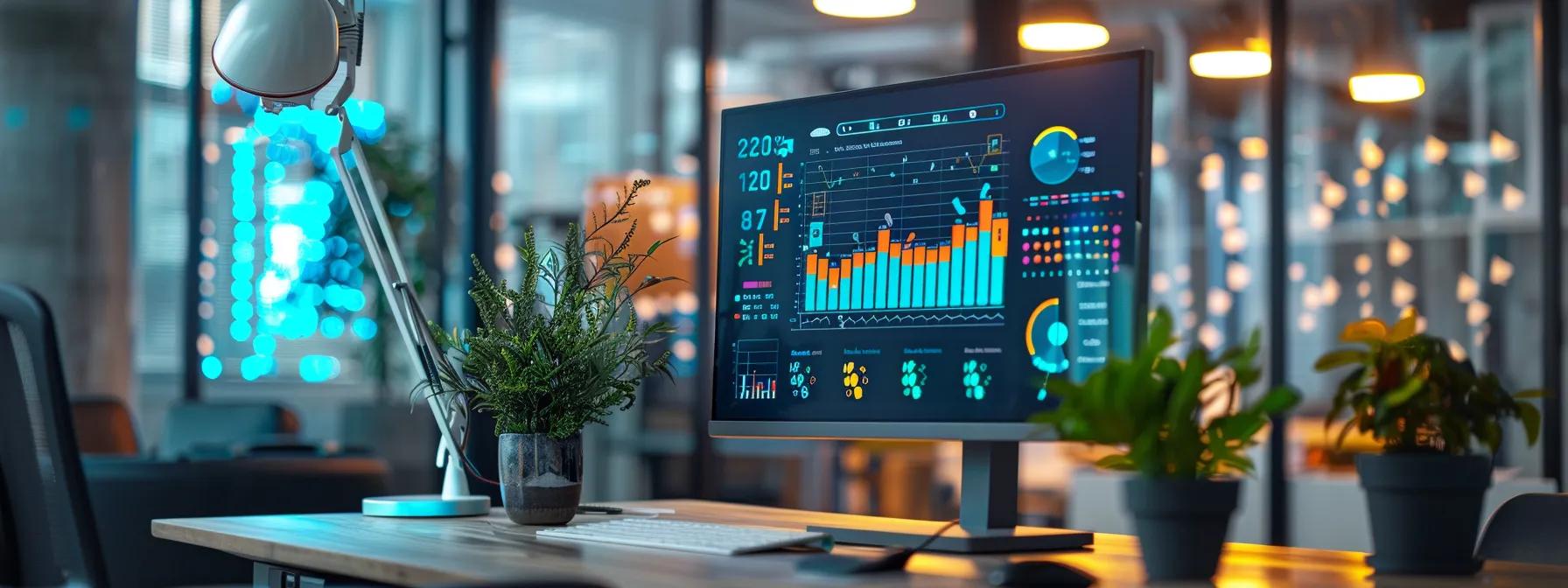 a modern office workspace featuring a sleek computer monitor displaying a colorful infographic of local seo data and ai insights, illuminated by bright overhead lights, symbolizing the fusion of technology and marketing strategies for community engagement.