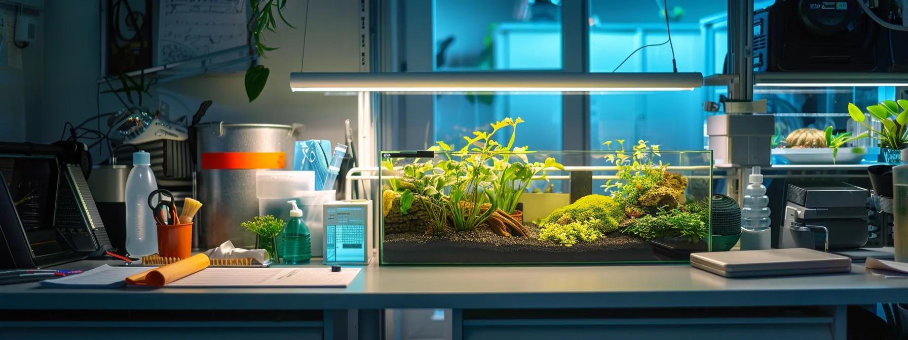 a modern office workspace showcasing an organized terrarium maintenance station, featuring an array of high-quality cleaning tools like soft-bristle brushes and microfiber cloths neatly arranged beside a vibrant terrarium, illuminated by soft, focused lighting to emphasize cleanliness and care. a modern office workspace showcasing an organized terrarium maintenance station, featuring an array of high-quality cleaning tools like soft-bristle brushes and microfiber cloths neatly arranged beside a vibrant terrarium, illuminated by soft, focused lighting to emphasize cleanliness and care.