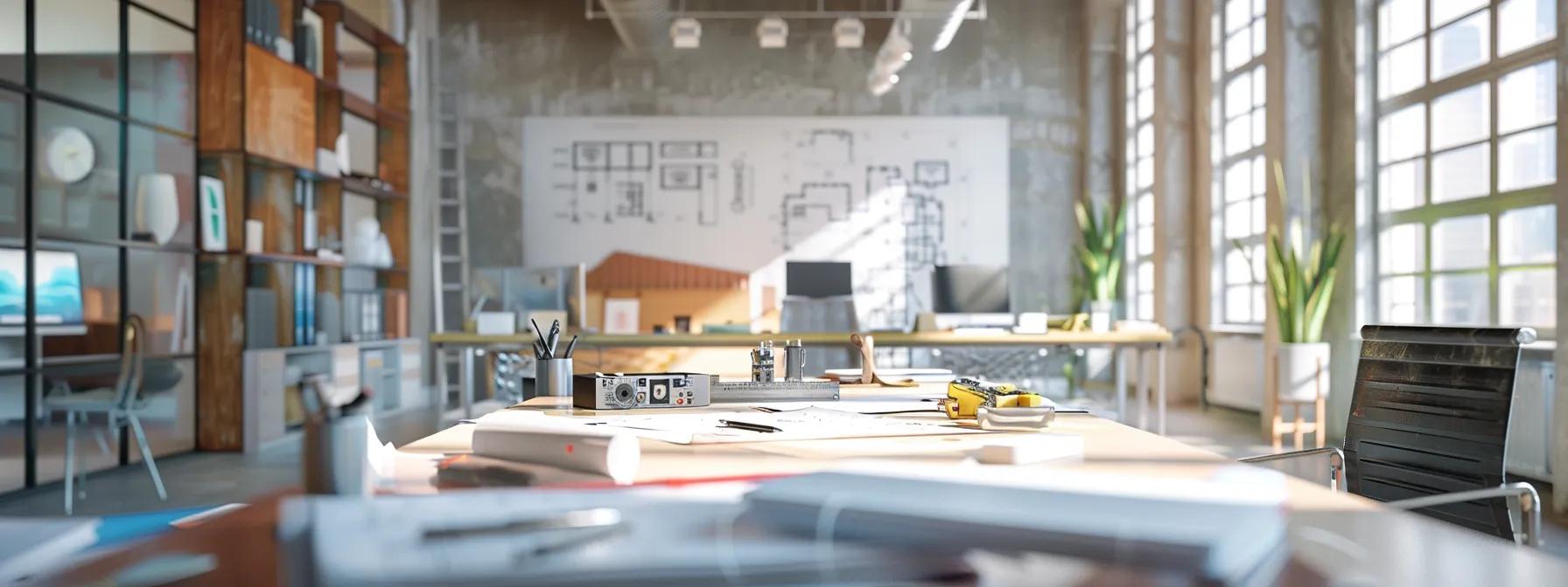 a modern office workspace showcases a partially completed renovation with tools, blueprints scattered on a sleek conference table, and a digital clock prominently displaying time delays, emphasizing the theme of common remodeling setbacks. a modern office workspace showcases a partially completed renovation with tools, blueprints scattered on a sleek conference table, and a digital clock prominently displaying time delays, emphasizing the theme of common remodeling setbacks.
