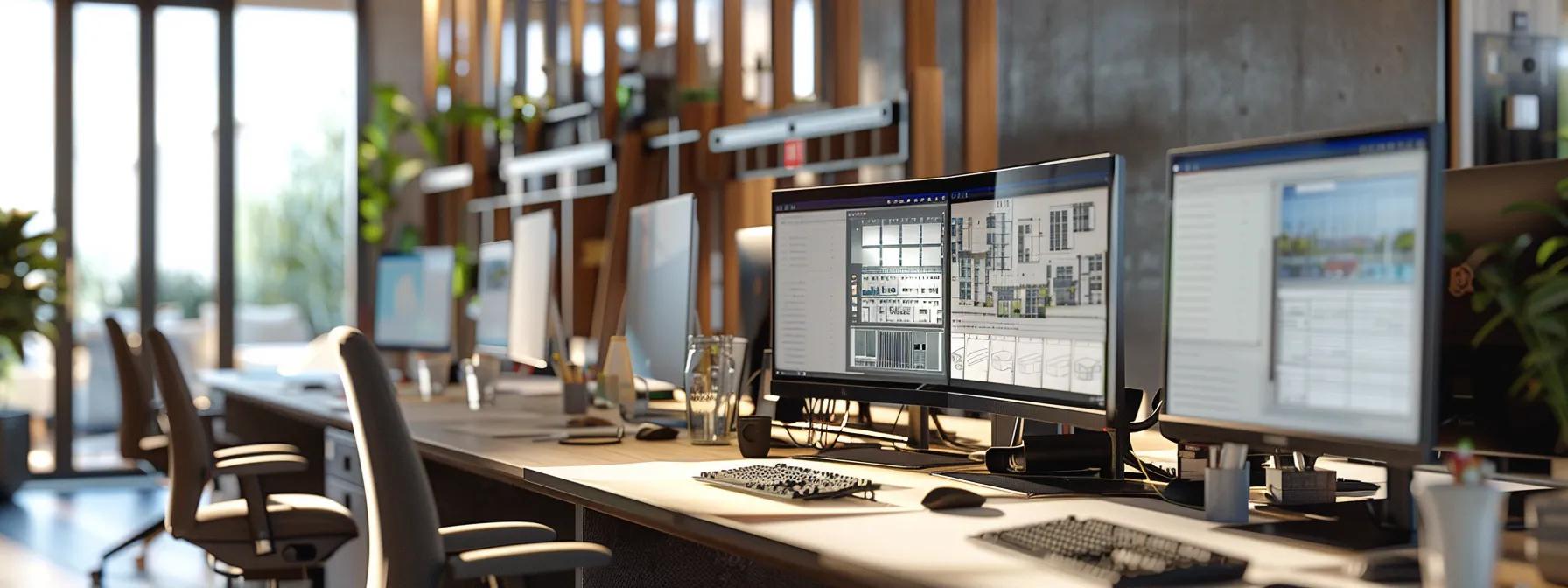 a modern office workspace is meticulously organized with computer screens displaying intricate revit models, showcasing vibrant 3d designs and essential best practice tips for architectural beginners in a professional setting.