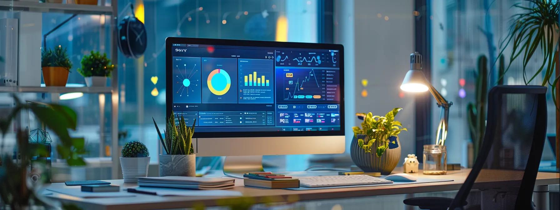 a modern office workspace features a sleek desktop with a vibrant digital interface displaying customized ai assistant settings, surrounded by high-tech gadgets and sophisticated organizational tools, emphasizing efficiency and user-centric design.