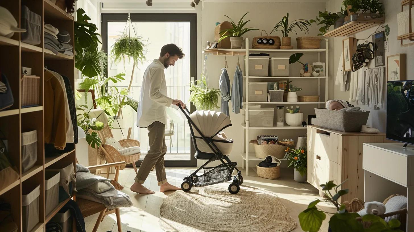 a modern, organised nursery featuring a sleek baby travel system prominently displayed, with a knowledgeable parent gently adjusting its features in a well-lit, stylish interior to emphasise safety and maintenance.