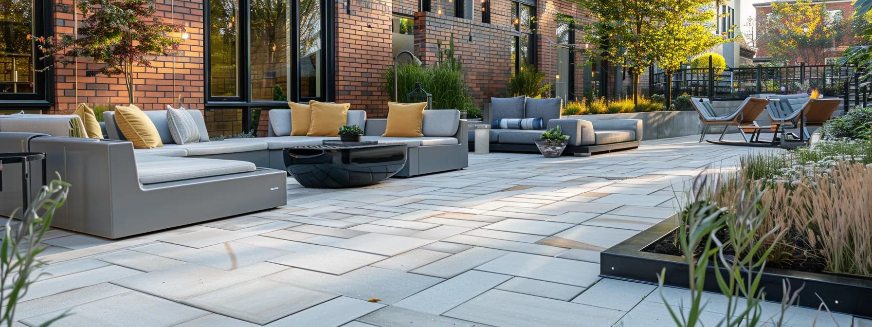 a modern outdoor patio space showcases sleek stone pavers and customized seating arrangements, highlighting the tailored hardscape design that blends functionality with elegant aesthetics in an urban setting. a modern outdoor patio space showcases sleek stone pavers and customized seating arrangements, highlighting the tailored hardscape design that blends functionality with elegant aesthetics in an urban setting.