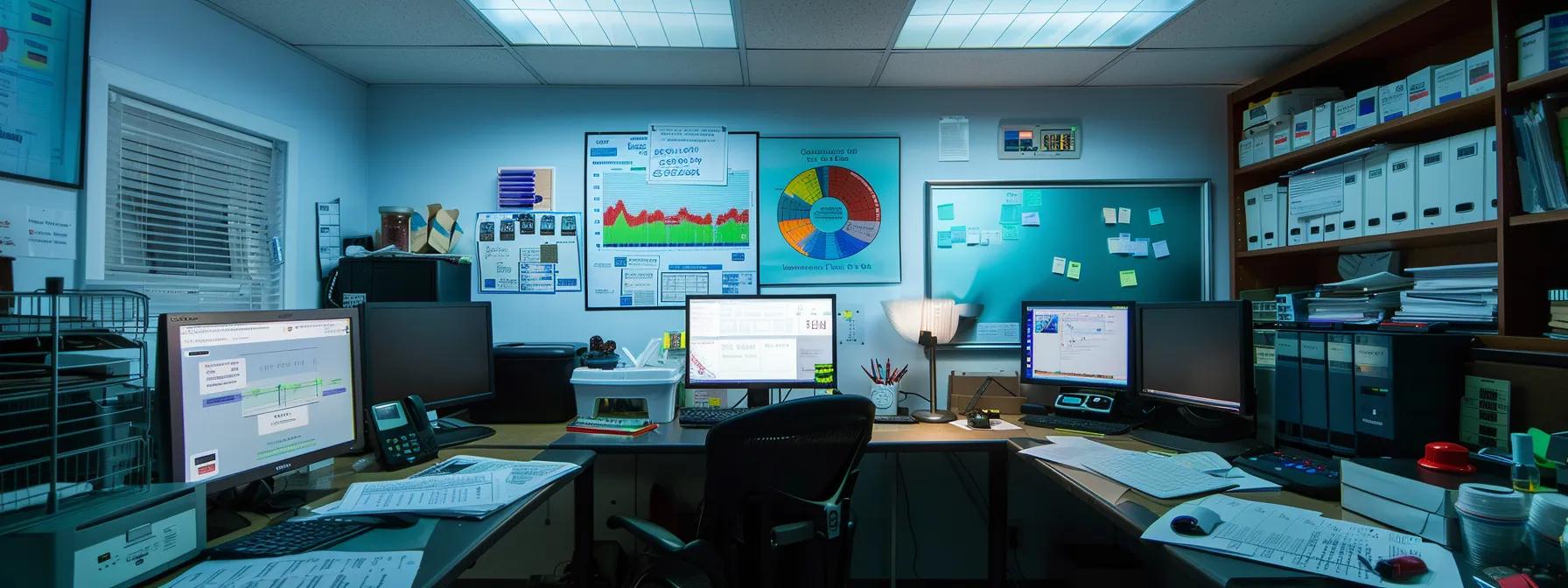 a modern pest control office, featuring a dramatic close-up of a neatly organized desk with high-tech pest detection equipment and seasonal charts, under bright fluorescent lights, emphasizing the importance of proactive rodent management during rhode island's seasonal challenges.