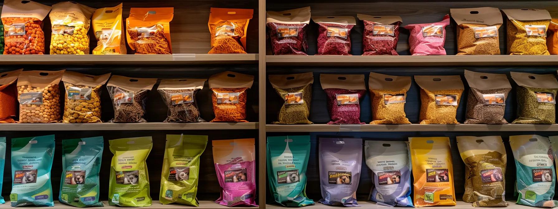 a modern pet food showcase features bags of vibrant freeze-dried cat food displayed on sleek shelving in an upscale pet store, emphasizing the premium quality and nutritional benefits aimed at health-conscious cat owners. a modern pet food showcase features bags of vibrant freeze-dried cat food displayed on sleek shelving in an upscale pet store, emphasizing the premium quality and nutritional benefits aimed at health-conscious cat owners.