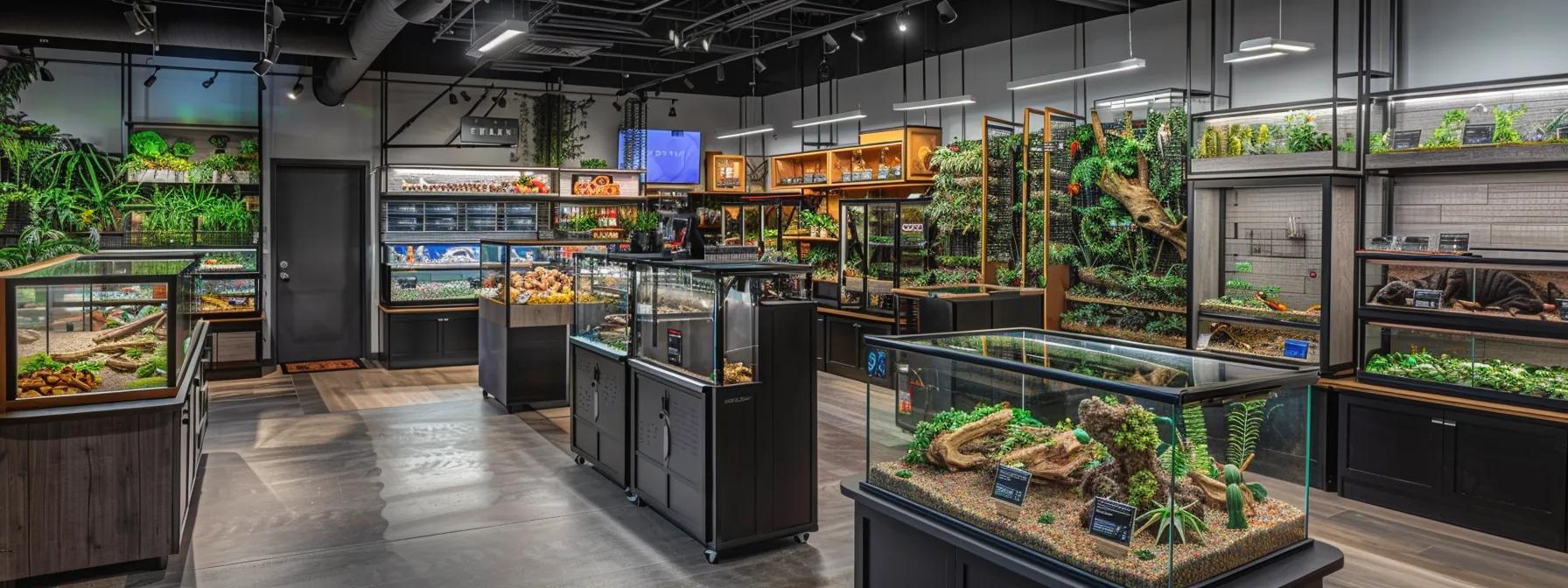 a modern pet store interior showcases various sleek terrarium kits for reptiles, with organized displays highlighting specialized features like adjustable lighting and ventilation systems, creating a visually captivating environment for reptile enthusiasts. a modern pet store interior showcases various sleek terrarium kits for reptiles, with organized displays highlighting specialized features like adjustable lighting and ventilation systems, creating a visually captivating environment for reptile enthusiasts.