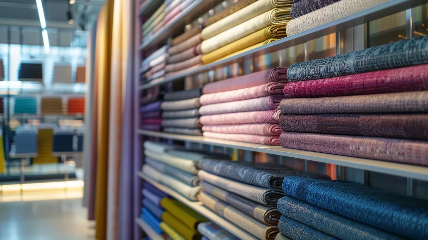 a modern, sleek office space showcases a vibrant array of diverse fabrics displayed on elegant racks, each labeled with their stain-resistance characteristics, under focused, warm lighting that accentuates their textures and colors.