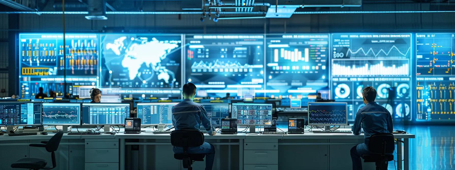 a modern solar plant control room bustling with activity, showcasing engineers analyzing data on large digital screens, with vibrant graphics illustrating ai-driven metrics and operational efficiencies in a sleek, high-tech environment. a modern solar plant control room bustling with activity, showcasing engineers analyzing data on large digital screens, with vibrant graphics illustrating ai-driven metrics and operational efficiencies in a sleek, high-tech environment.