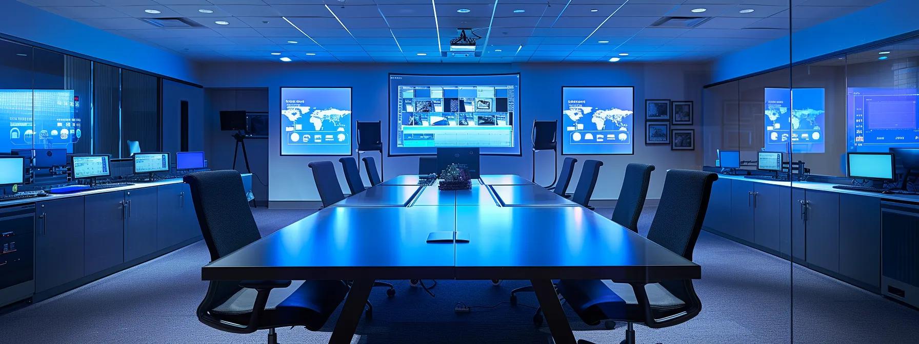 a modern, sterile pest control office with a sleek conference table, digital screens displaying integrated pest management solutions, and a technician in professional attire discussing rodent control strategies with clients, all under bright, focused lighting.