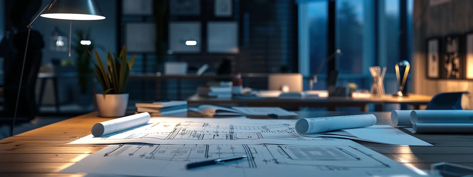 a modern, stylish office space filled with blueprints and architectural sketches on a sleek conference table, emphasizing cost-effective house extension strategies under crisp, bright led lighting.