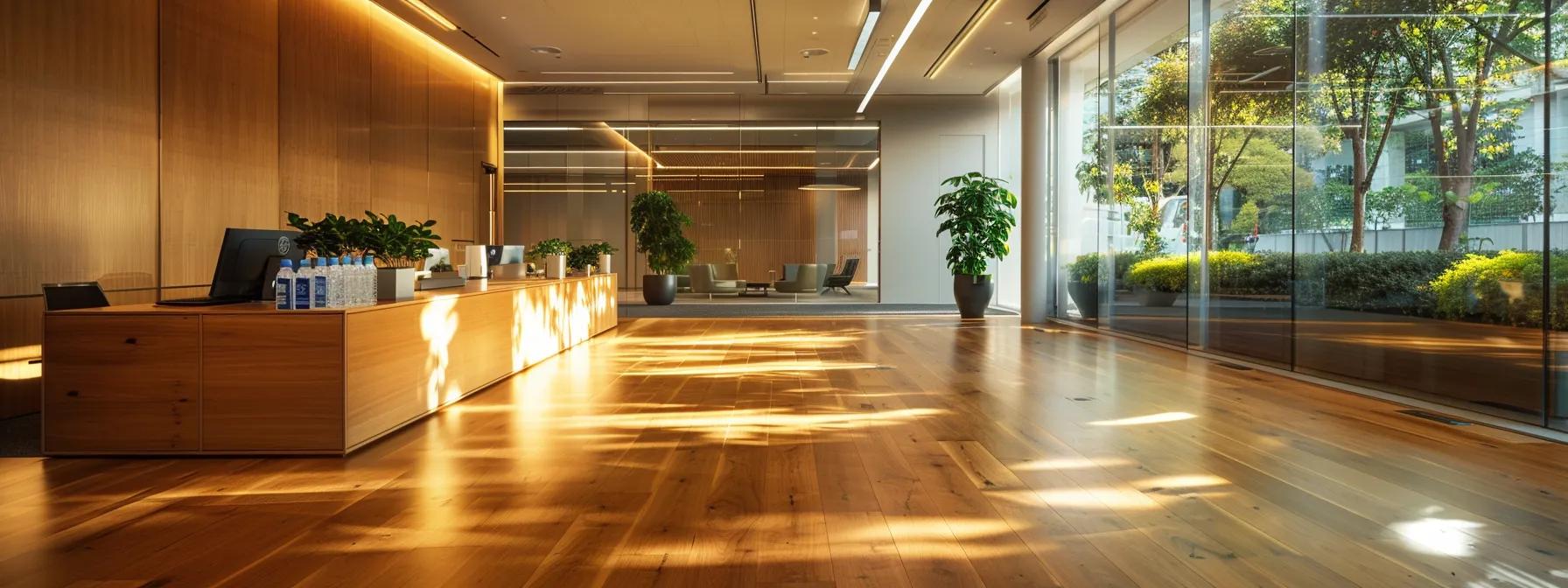 a modern, stylish office interior features polished wood floors gleaming under warm, ambient lighting, with eco-friendly cleaning products artfully arranged on a sleek desk, emphasising the importance of sustainable maintenance practices. a modern, stylish office interior features polished wood floors gleaming under warm, ambient lighting, with eco-friendly cleaning products artfully arranged on a sleek desk, emphasising the importance of sustainable maintenance practices.