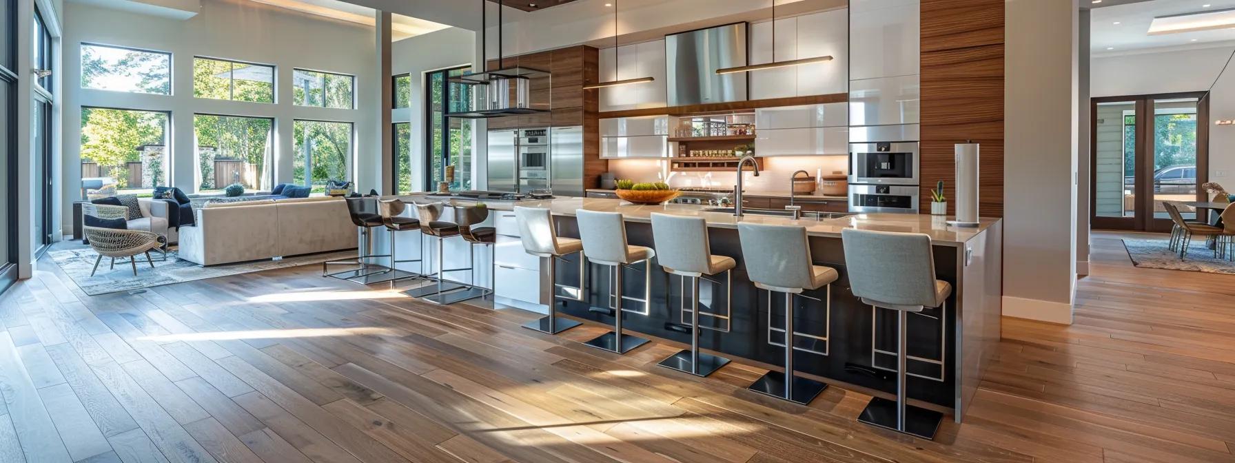 a modern, upscale kitchen showcases sleek hardwood flooring and elegant high-end fixtures, emphasizing the balance between luxurious finishes and practical, sustainable choices in an inviting indoor space. a modern, upscale kitchen showcases sleek hardwood flooring and elegant high-end fixtures, emphasizing the balance between luxurious finishes and practical, sustainable choices in an inviting indoor space.