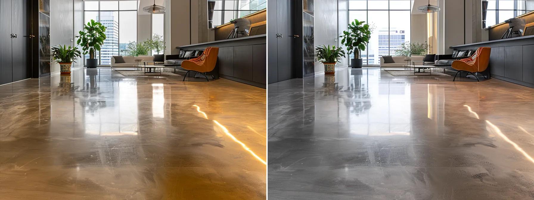 a modern urban interior showcases a striking before-and-after comparison of decorative concrete finishes on sleek, polished floors, highlighting the transformative impact of textures and colors in a stylish, well-lit space.