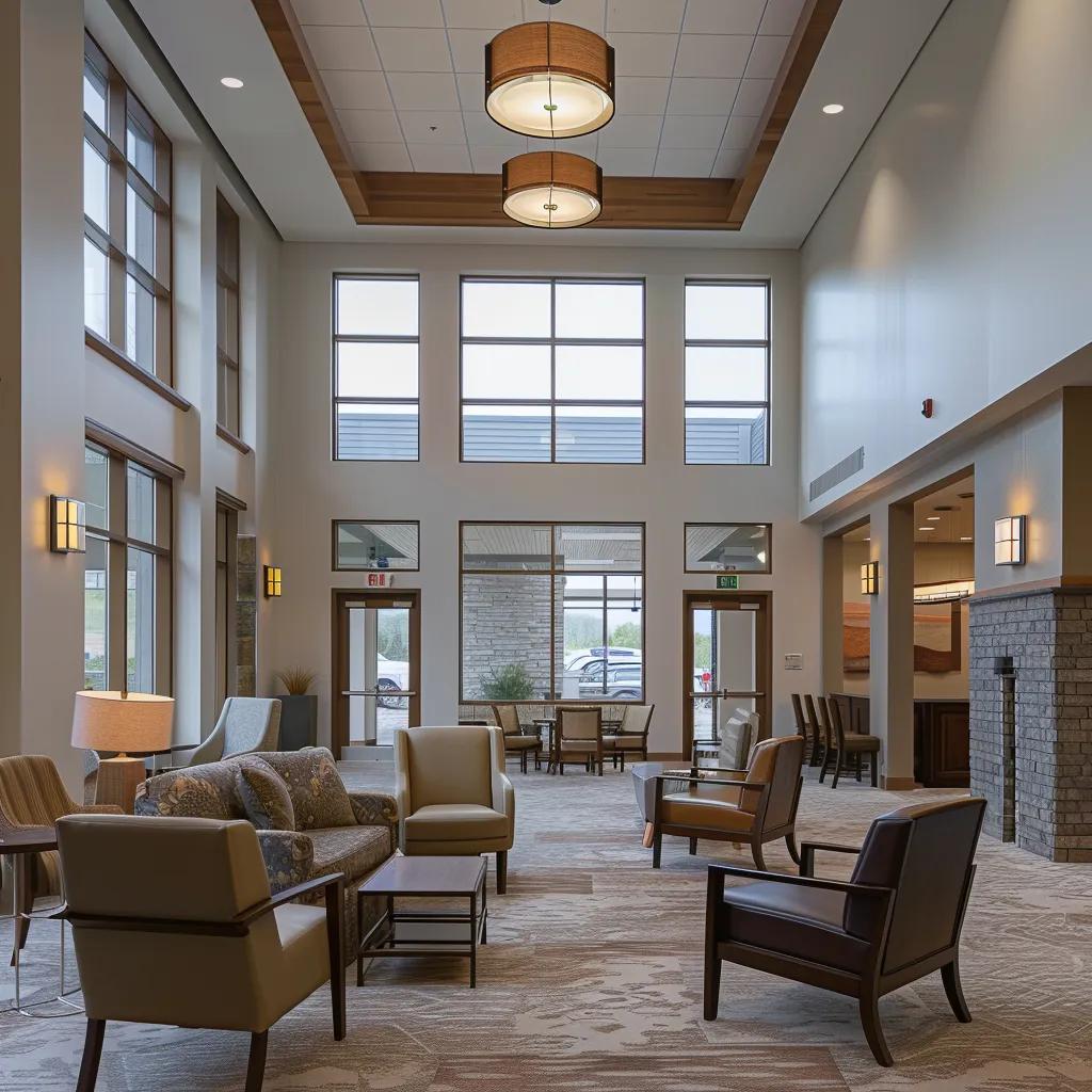 a modern, welcoming memory care facility in west virginia, featuring spacious common areas with soft, inviting furnishings and warm, ambient lighting to create a comforting atmosphere for residents and families.