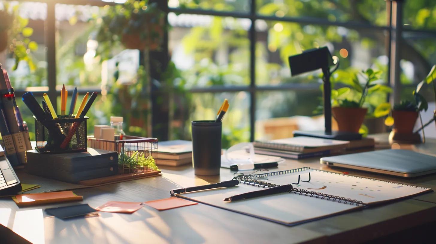 a modern, well-organized office workspace features a sleek desk with an open planner, cleaning supplies neatly arranged, and a coffee spill being swiftly addressed, highlighting the theme of efficient cleanup routines.