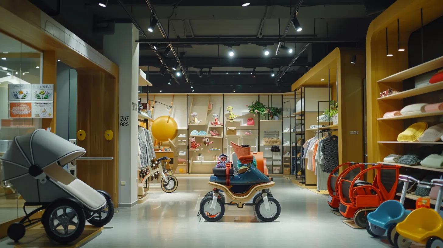 a modern, well-lit indoor showroom showcases a selection of stylish, durable baby trikes from trusted brands, highlighting their innovative features and vibrant designs, with parents examining the options for their children.