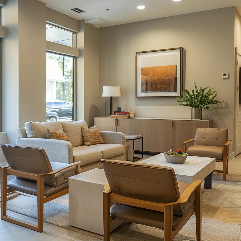a modern, well-appointed living room with adaptive care features and an inviting atmosphere, showcasing comfortable seating and assistive devices, symbolizing warm in-home long-term care solutions for families.