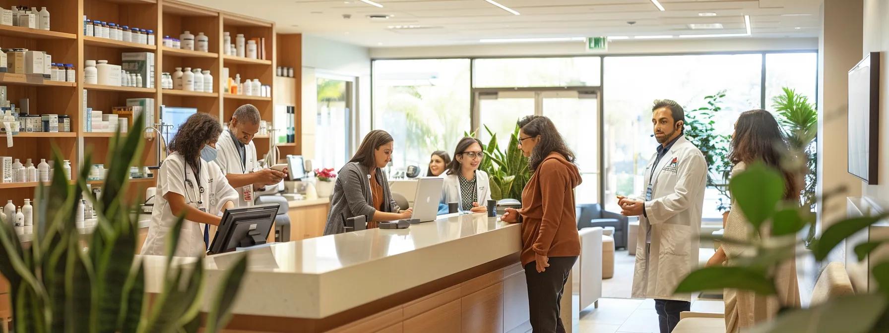 a modern, well-lit clinic office features a diverse team of ayurvedic and conventional healthcare practitioners engaged in collaborative discussion, surrounded by herbal remedies and medical equipment, visually embodying the integration of traditional and contemporary pain management approaches.