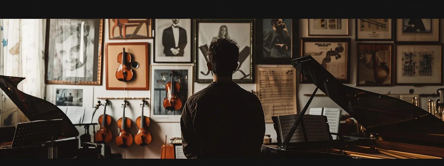 a musician standing in front of multiple orchestra posters, deep in thought, weighing the options before making the final decision. a musician standing in front of multiple orchestra posters, deep in thought, weighing the options before making the final decision.