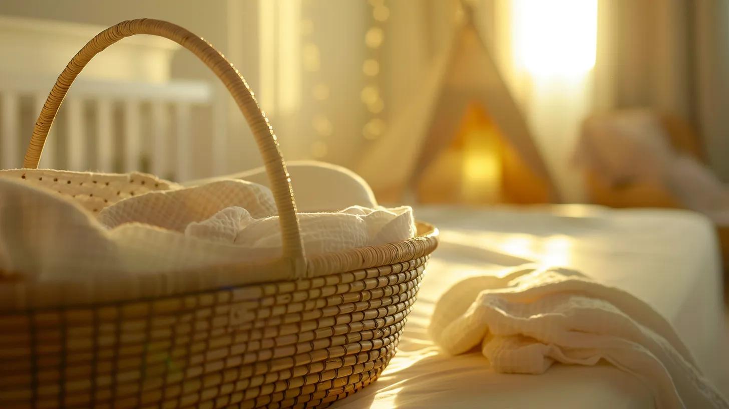 a neatly arranged nursery featuring a soft and inviting moses basket with a perfectly fitted sheet, showcasing its gentle texture and pristine condition under warm, even indoor lighting.