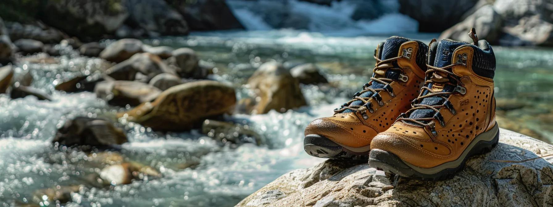 a pair of sturdy, well-maintained rafting shoes drying in the sun next to a bubbling river, showcasing their durability and care for longevity.