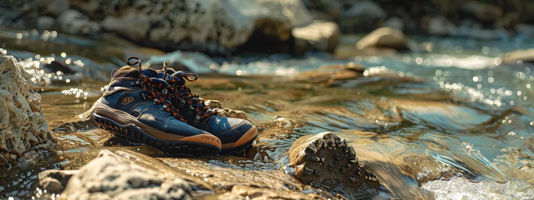 a pair of sturdy, quick-drying rafting shoes with sturdy soles on the rocky ocoee river banks, surrounded by various footwear options like sneakers and sandals.