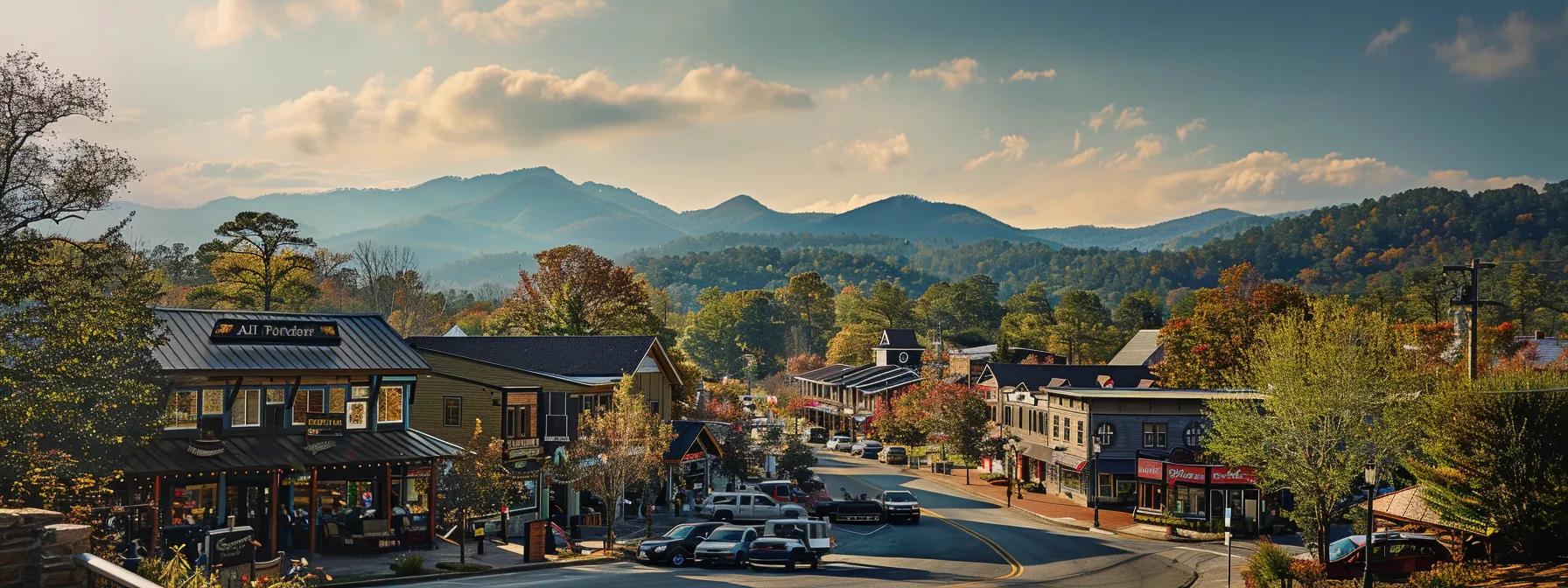 a panoramic view of blue ridge's charming downtown, showcasing vibrant shops and cozy lodgings nestled against a backdrop of rolling mountains, with clear, inviting roads highlighted by bustling tourists exploring the area's unique offerings. a panoramic view of blue ridge's charming downtown, showcasing vibrant shops and cozy lodgings nestled against a backdrop of rolling mountains, with clear, inviting roads highlighted by bustling tourists exploring the area's unique offerings.