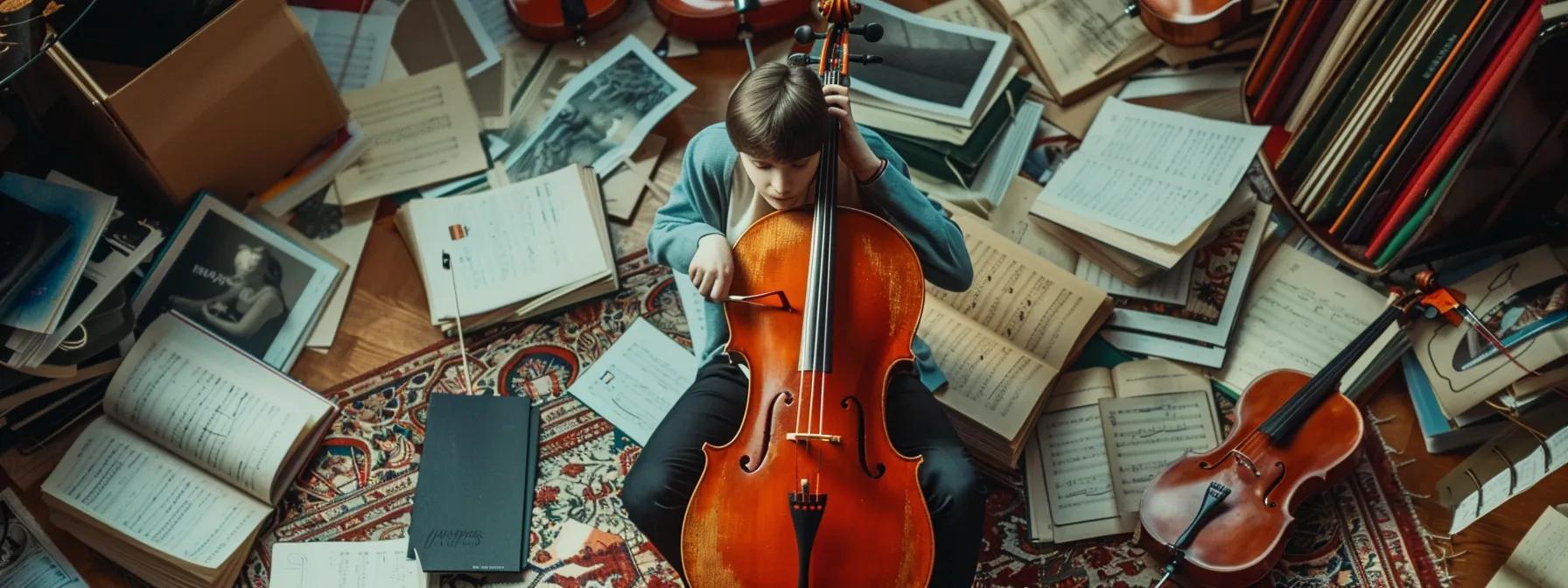 a person holding a cello with a focused expression, surrounded by various orchestra options and music festival brochures, showcasing a determination to achieve musical goals. a person holding a cello with a focused expression, surrounded by various orchestra options and music festival brochures, showcasing a determination to achieve musical goals.