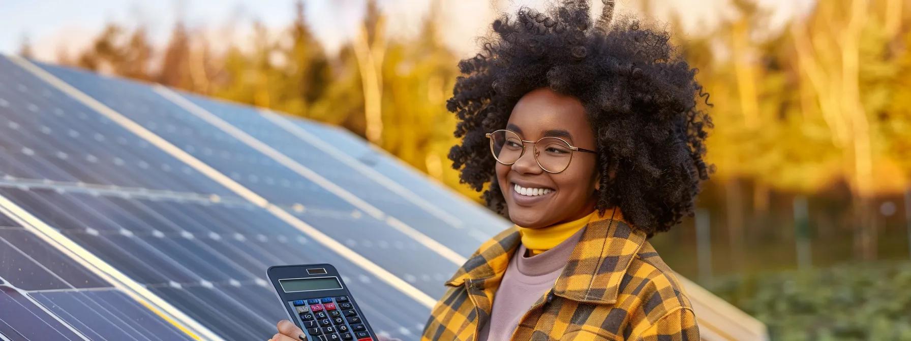 a person smiling while holding a calculator with a bright solar panel in the background, symbolizing the savings and benefits of solar energy tax credits. a person smiling while holding a calculator with a bright solar panel in the background, symbolizing the savings and benefits of solar energy tax credits.