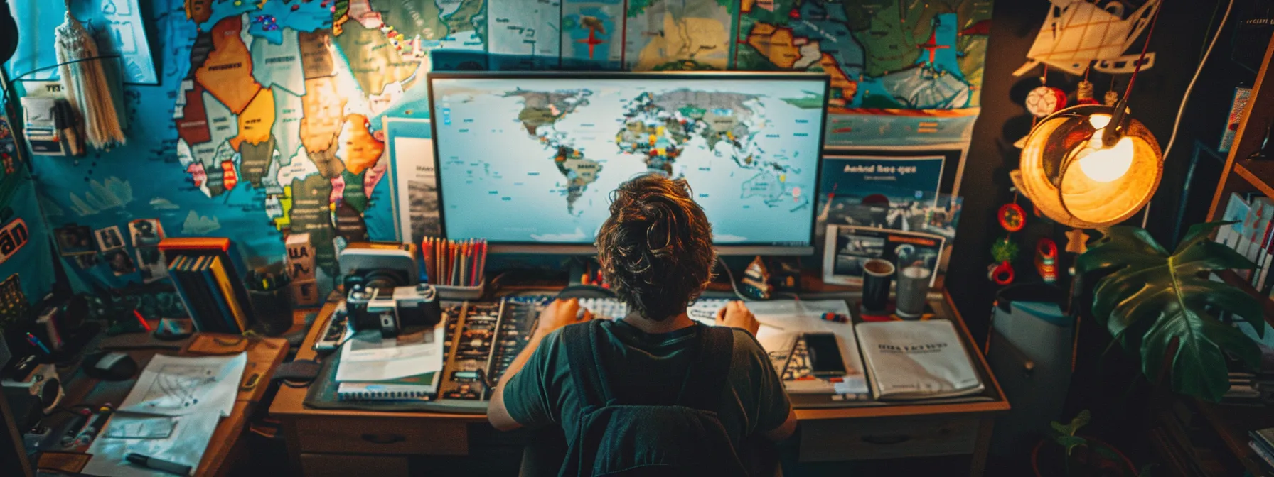 a person writing a blog post about local trends and events, surrounded by maps and colorful local decorations. a person writing a blog post about local trends and events, surrounded by maps and colorful local decorations.