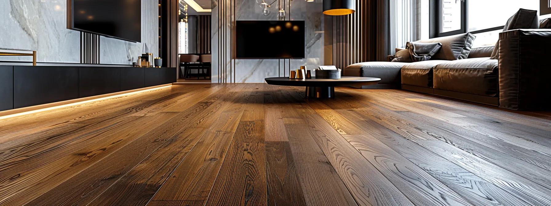 a polished, contemporary interior showcases elegant solid wood flooring, featuring rich, natural grain patterns and deep knots, contrasting with sleek modern furniture to highlight the beauty and durability of classic hardwood. a polished, contemporary interior showcases elegant solid wood flooring, featuring rich, natural grain patterns and deep knots, contrasting with sleek modern furniture to highlight the beauty and durability of classic hardwood.
