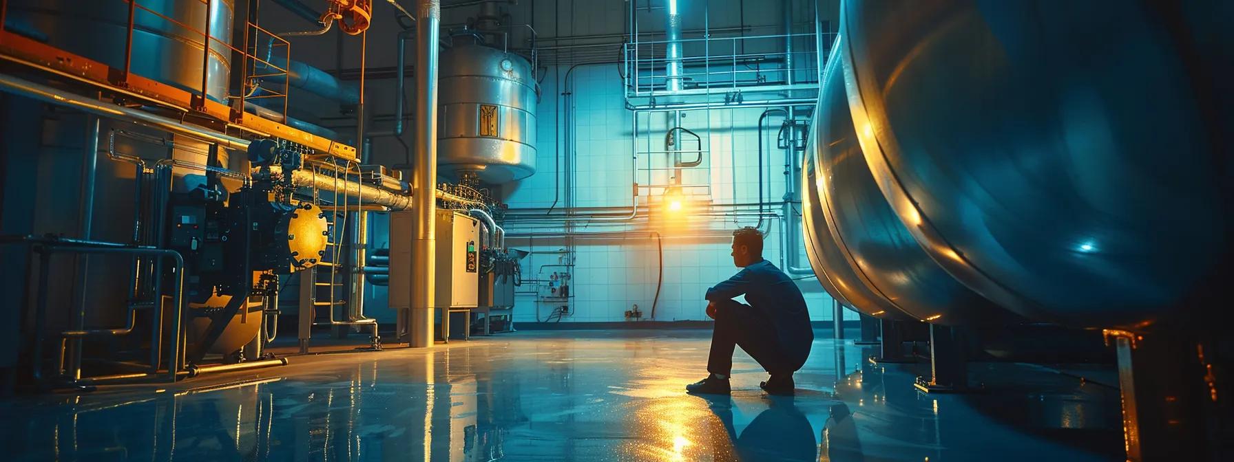 a polished, modern boiler room filled with advanced monitoring equipment and a technician meticulously inspecting a boiler, illuminated by bright, focused artificial lighting that highlights the importance of regular servicing for optimal performance and longevity.