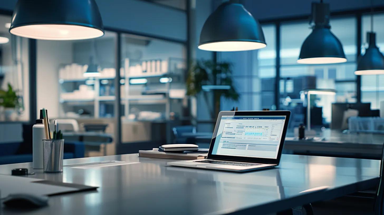 a professional and sleek office environment featuring an open laptop with drug safety guidelines displayed on the screen, illuminated by modern pendant lighting, conveying a theme of health and responsibility in a clinical context.