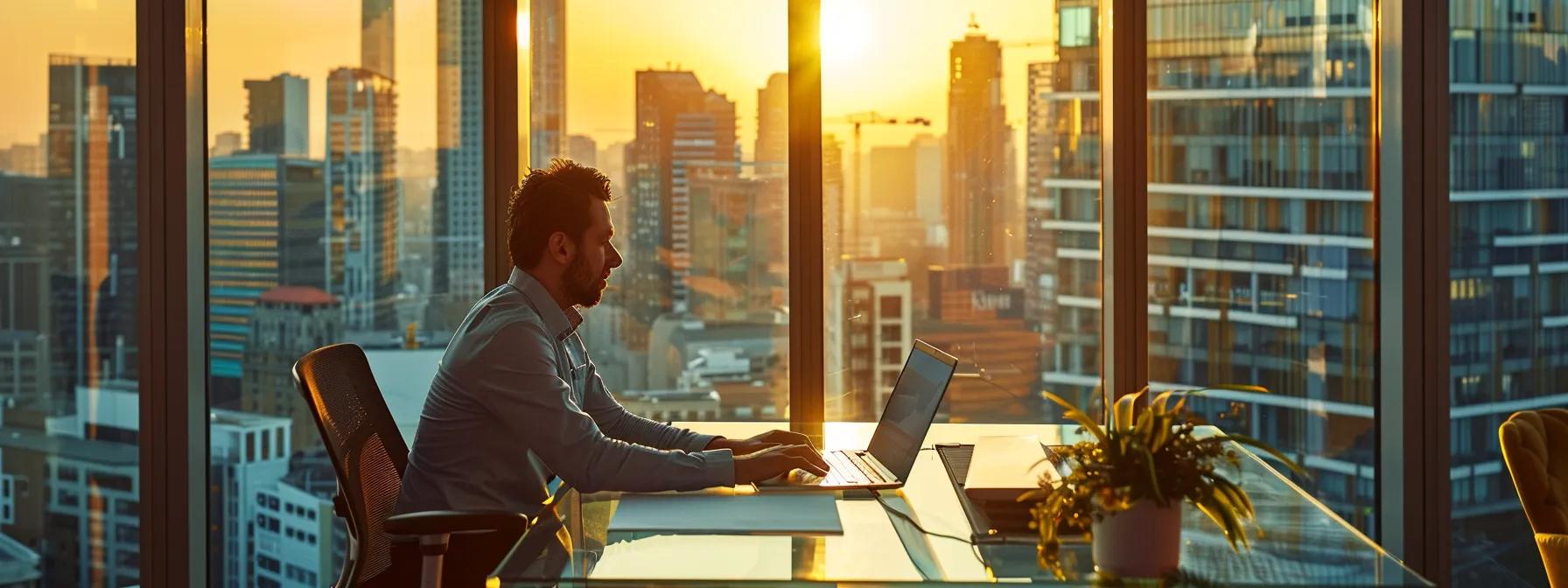 a professional-looking office setting features a confident homeowner seated at a sleek desk, intently examining a laptop displaying roofing contractor credentials alongside official documents and a city skyline visible through large windows.