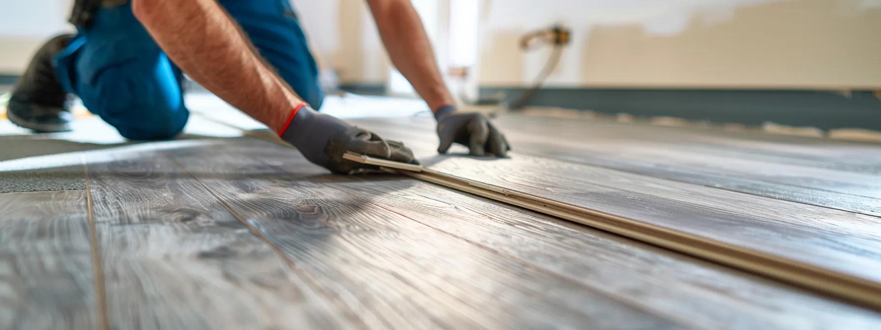 a professional installer meticulously aligns solid wood flooring planks in a modern, well-lit interior, showcasing precision and attention to detail in the seamless installation process. a professional installer meticulously aligns solid wood flooring planks in a modern, well-lit interior, showcasing precision and attention to detail in the seamless installation process.