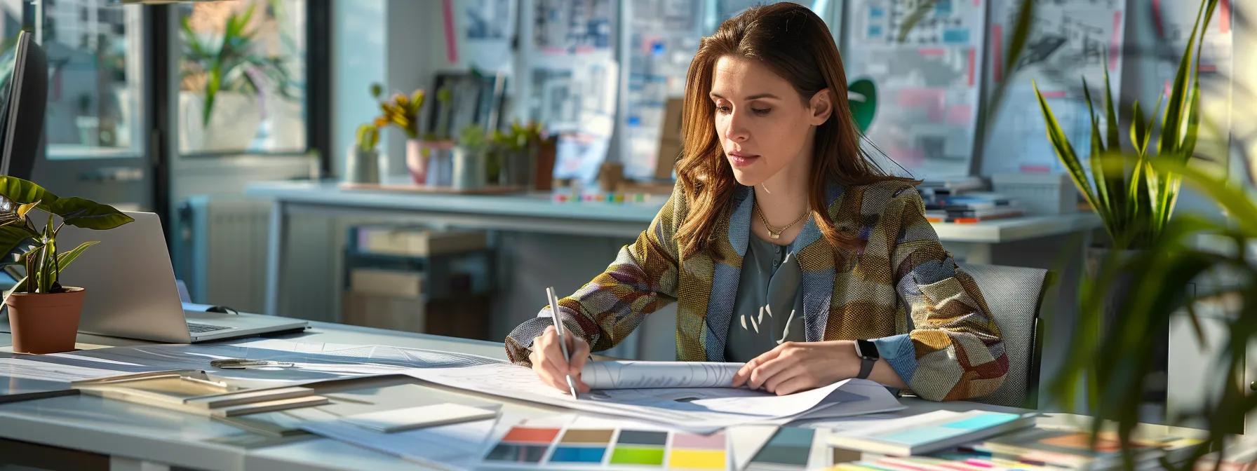 a professional interior designer reviews blueprints at a sleek, modern office desk, surrounded by color swatches and 3d models, conveying a sense of meticulous planning for a remodeling timeline. a professional interior designer reviews blueprints at a sleek, modern office desk, surrounded by color swatches and 3d models, conveying a sense of meticulous planning for a remodeling timeline.
