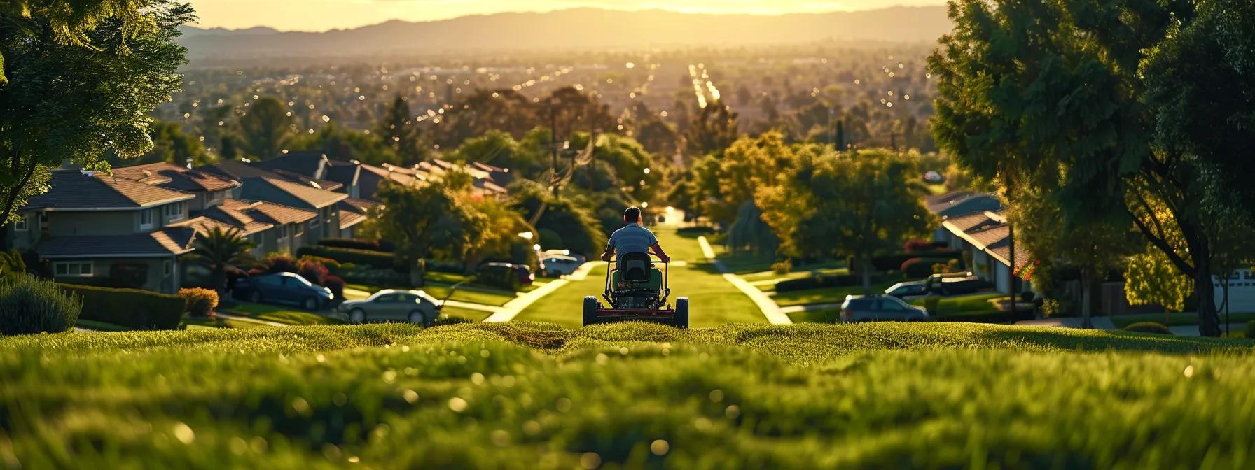 a professional landscaper operates specialized mowing equipment on a sizeable, uneven lawn, with various terrain features visible in a bustling suburban neighborhood backdrop. a professional landscaper operates specialized mowing equipment on a sizeable, uneven lawn, with various terrain features visible in a bustling suburban neighborhood backdrop.