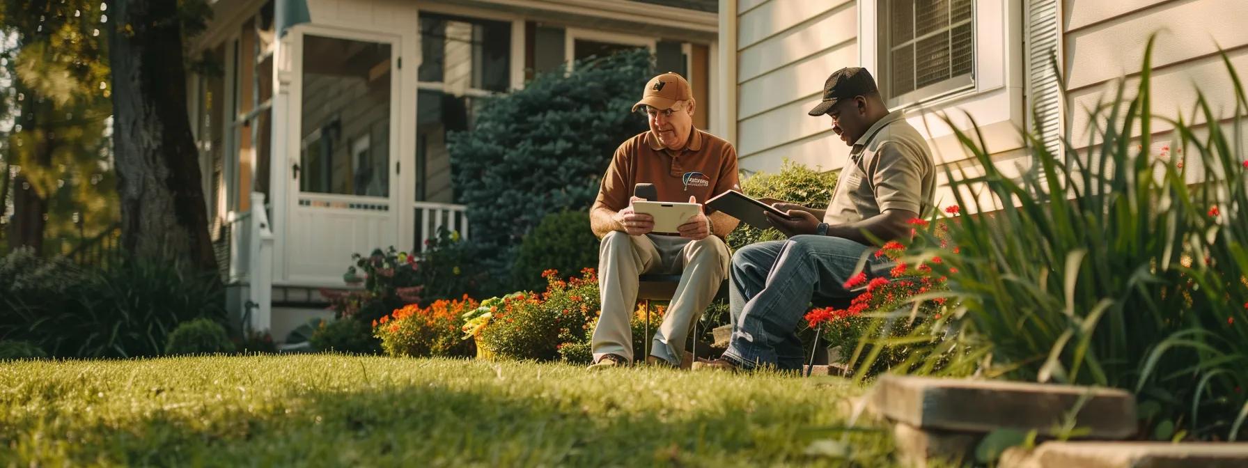 a professional lawn care service representative is attentively discussing lawn maintenance options with a homeowner in a well-maintained backyard office space, showcasing charts and property details on a digital tablet, emphasizing the importance of accurate quotes for specific lawn needs. a professional lawn care service representative is attentively discussing lawn maintenance options with a homeowner in a well-maintained backyard office space, showcasing charts and property details on a digital tablet, emphasizing the importance of accurate quotes for specific lawn needs.