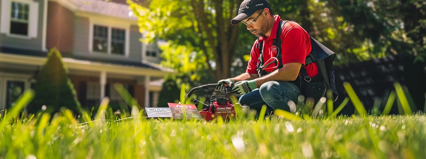 a professional lawn care technician inspects a meticulously maintained lawn in a suburban backyard, with neatly arranged lawn care equipment and service brochures displayed on a polished outdoor table, capturing the essence of quality lawn maintenance services.