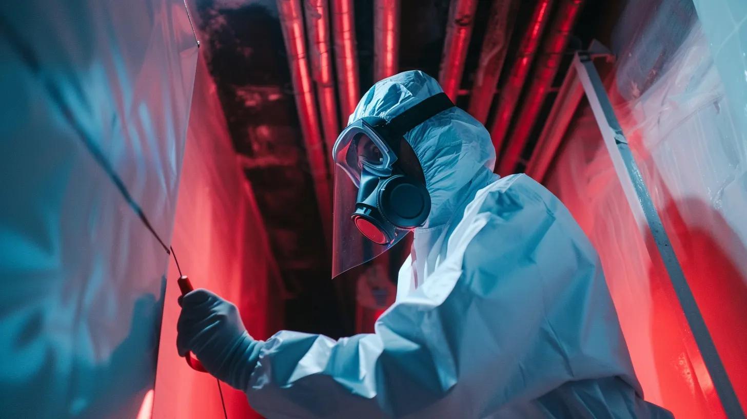 a professional mold inspector, equipped with advanced tools and wearing protective gear, meticulously examines a dimly lit indoor space for hidden mold, emphasizing the importance of early detection for health safety in a mesa, az building.