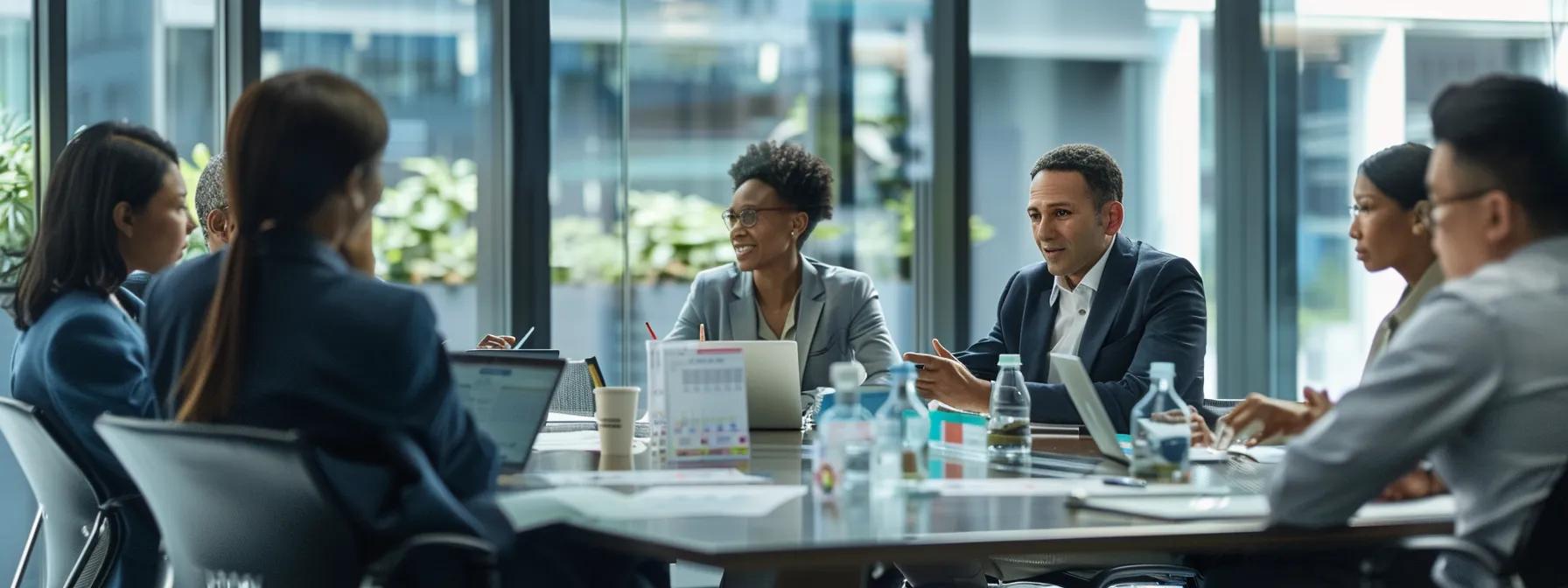 a professional office environment features a diverse group of individuals engaged in a detailed discussion around a sleek conference table, surrounded by informative charts and documents about medicare advantage and medicare supplement plans, highlighting the complexities of enrollment and eligibility.