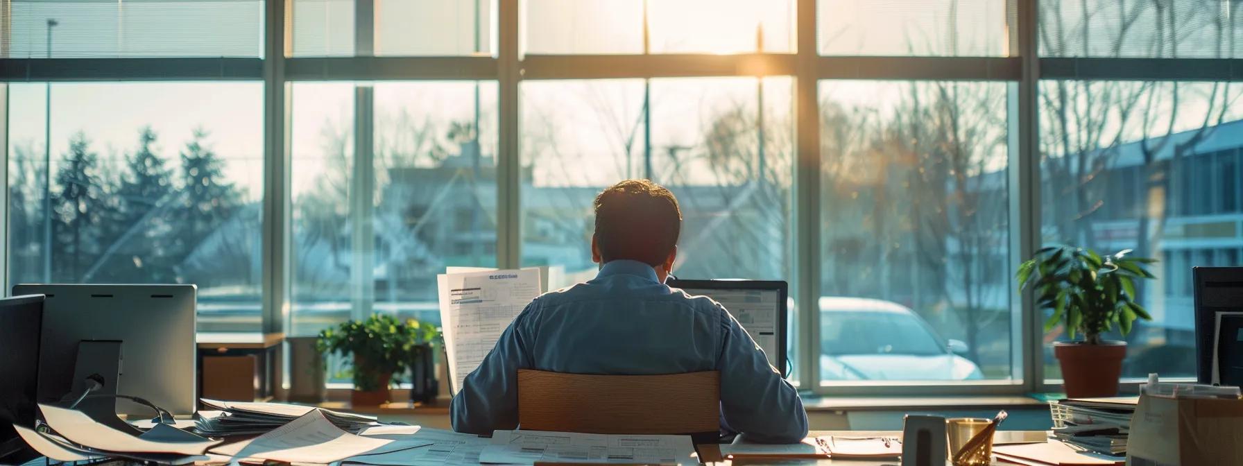 a professional office setting showcases a focused individual analyzing detailed insurance documents and calculating potential roof damage payouts under bright, direct overhead lighting. a professional office setting showcases a focused individual analyzing detailed insurance documents and calculating potential roof damage payouts under bright, direct overhead lighting.