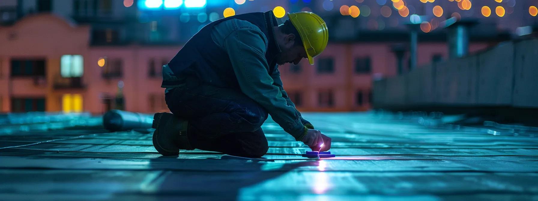 a professional roofing inspector meticulously examines the surface of a commercial building's roof while documenting potential faults under bright artificial overhead lighting in an urban setting. a professional roofing inspector meticulously examines the surface of a commercial building's roof while documenting potential faults under bright artificial overhead lighting in an urban setting.