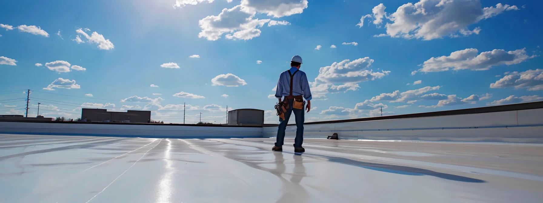 a professional roofing contractor conducts a thorough inspection of a commercial flat roof in an urban san antonio setting, highlighting proactive maintenance with visible tools and equipment strategically positioned around the roof’s surface. a professional roofing contractor conducts a thorough inspection of a commercial flat roof in an urban san antonio setting, highlighting proactive maintenance with visible tools and equipment strategically positioned around the roof’s surface.