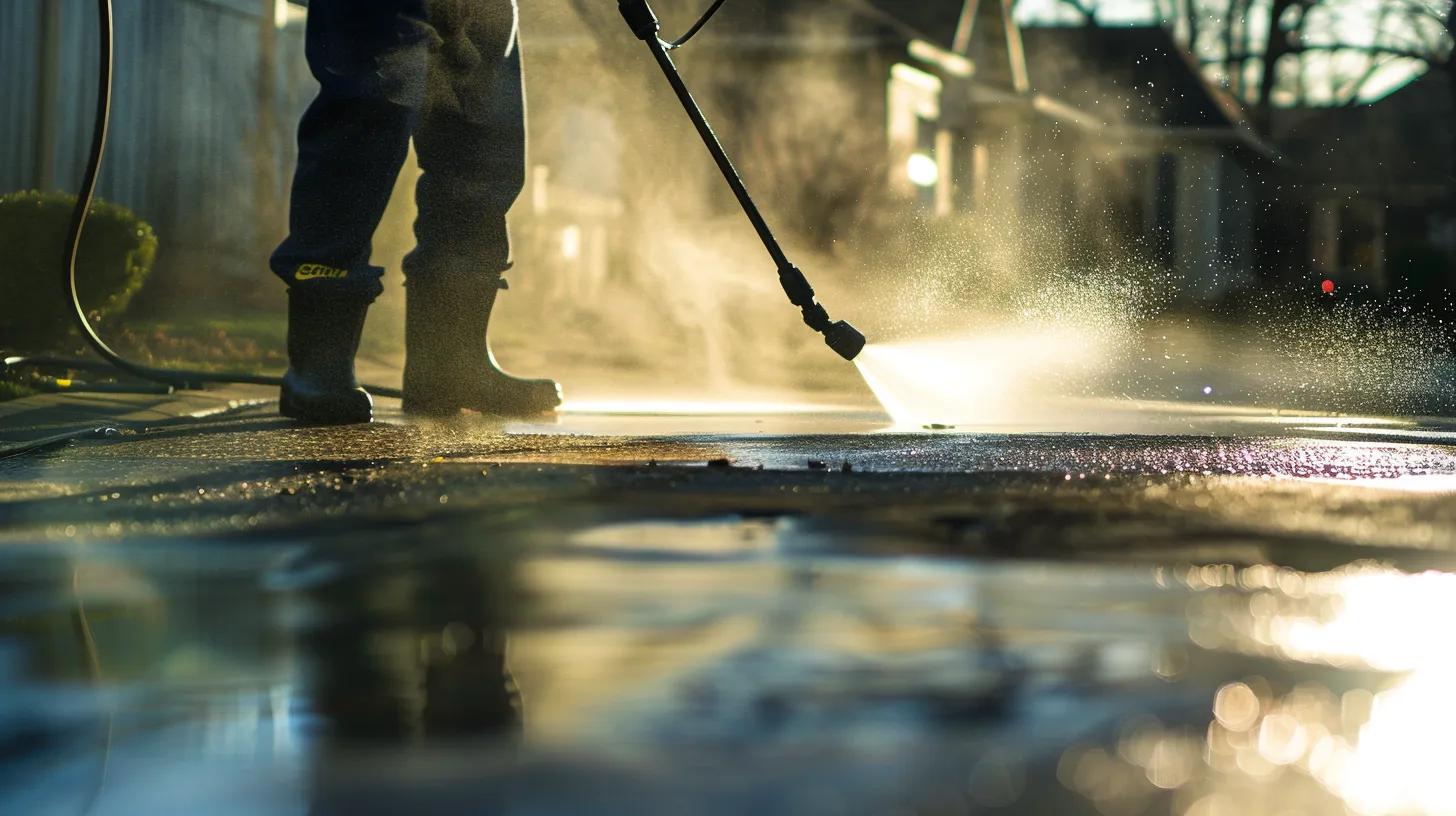 a professional technician operates a power washer on a residential driveway in kennesaw, ga, highlighting a striking contrast between the freshly cleaned surface and areas still marked by dirt and grime.